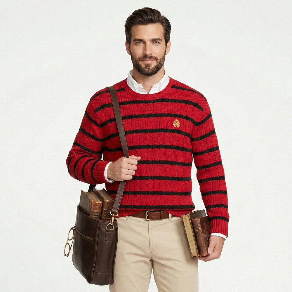 Lauren Ralph Lauren Sweater Men's Crewneck Stripe Crest Academia Preppy XL